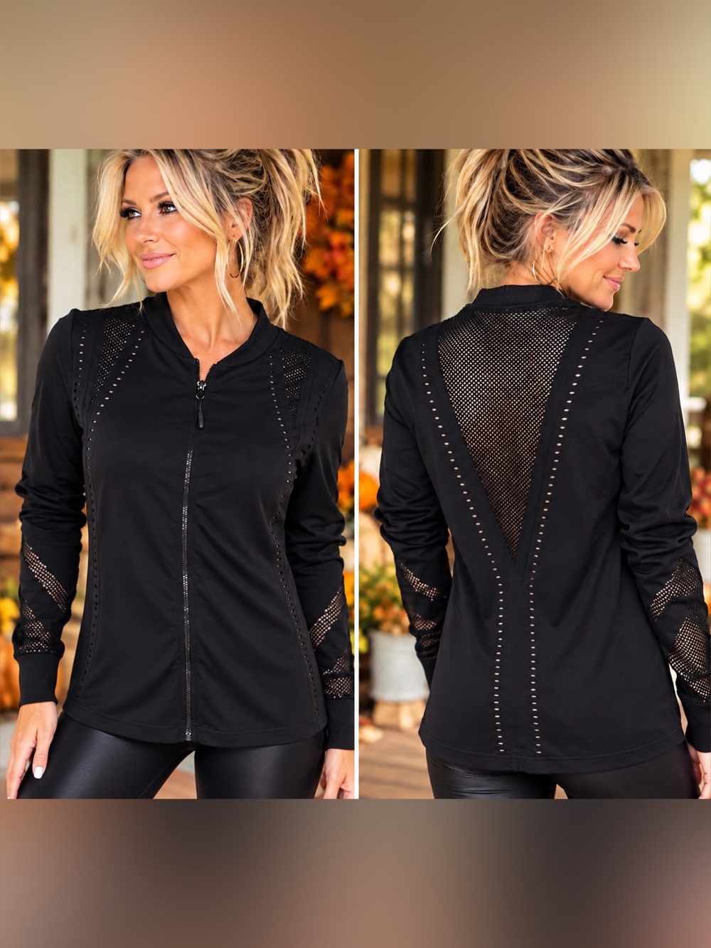 🤠❤️🔥 Marika Black Mesh Detail Full Zip Athletic Jacket S-M